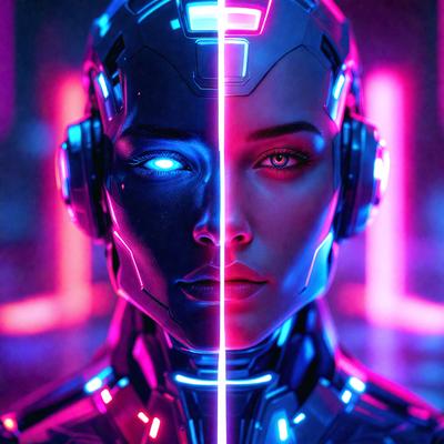 The primary subject of the image is a futuristic robot with a human-like face. The robot has a pink and blue color scheme, giving it a unique and eye-catching appearance. The setting is a futuristic environment, likely a space station or a high-tech facility. The visual style of the image is a combination of digital art and illustration, creating a striking and imaginative scene. The colors and mood of the image are vibrant and energetic, reflecting the dynamic and exciting